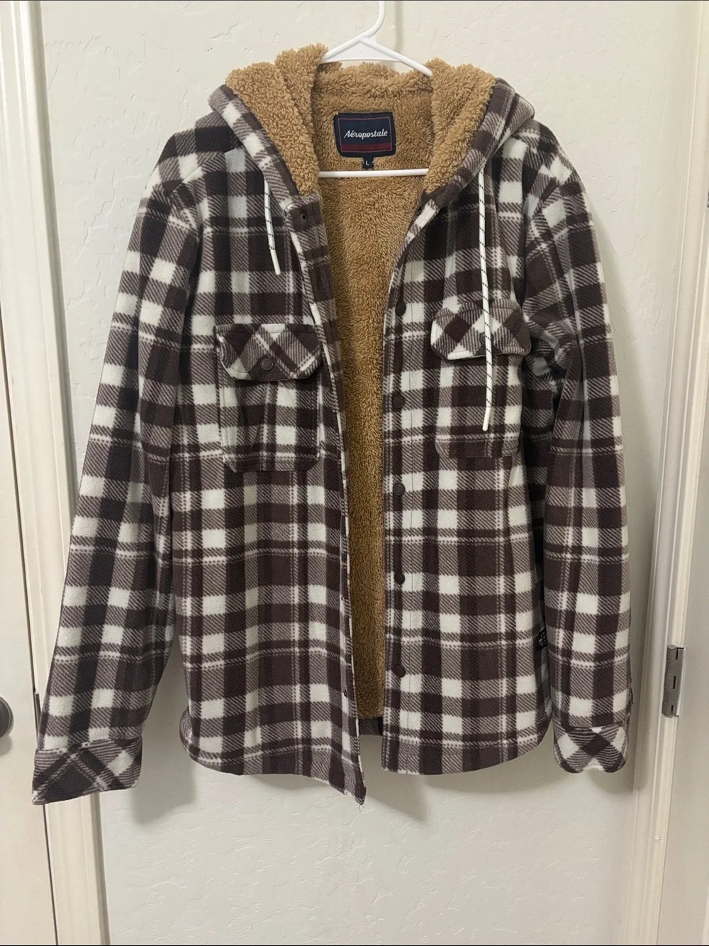 Aeropostale Brown & White Plaid Sherpa Hoodie Jacket